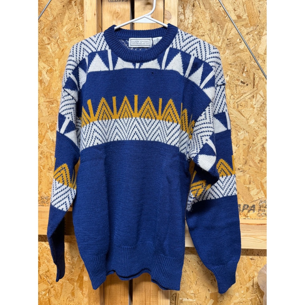 Hardy Amies London Mens Pure Wool Geometric Knit Sweater Blue White Yellow XL